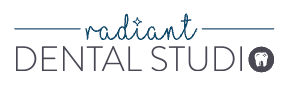 The image is a logo for Radio Dentist Studio. It features the text Radio Dentist Studio in stylized font, with a graphic of a microphone and headphones on either side.